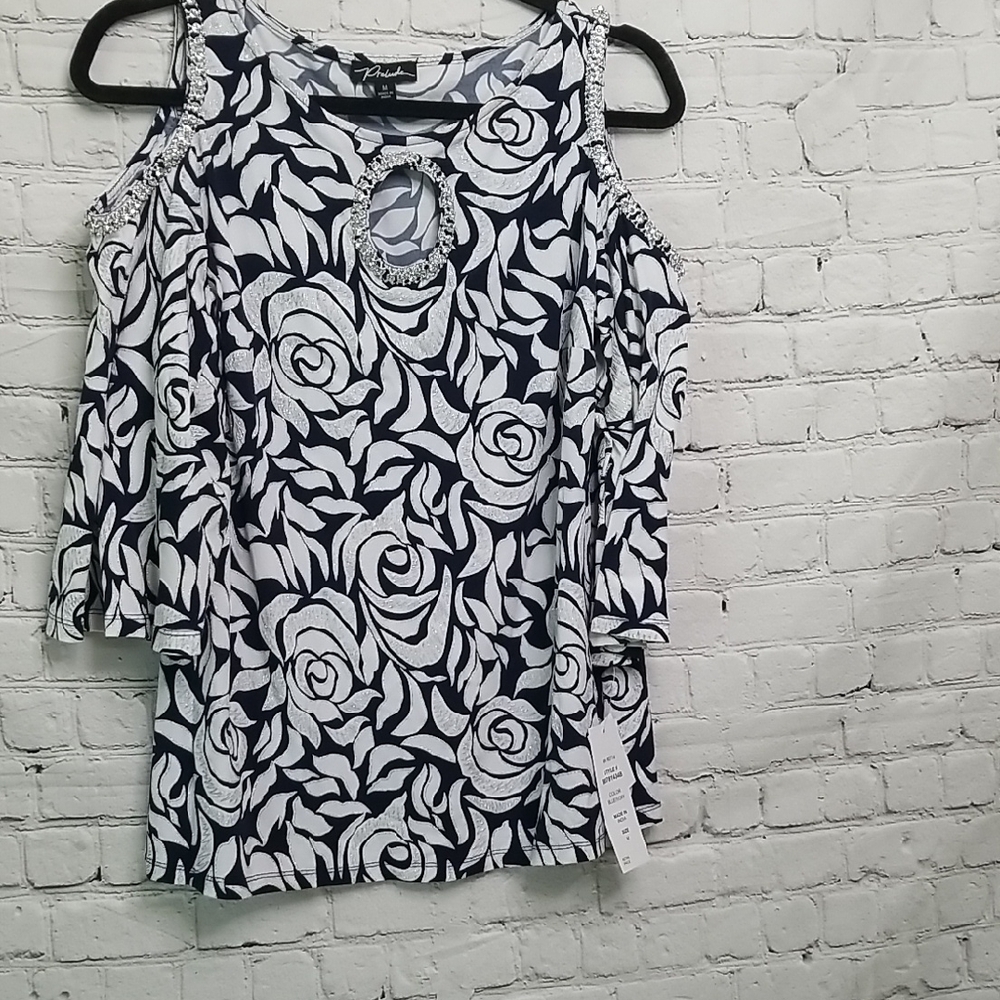 Prelude womens top with cold shoulder 3/4 length sleeves w/ Rhinestones.   NWT